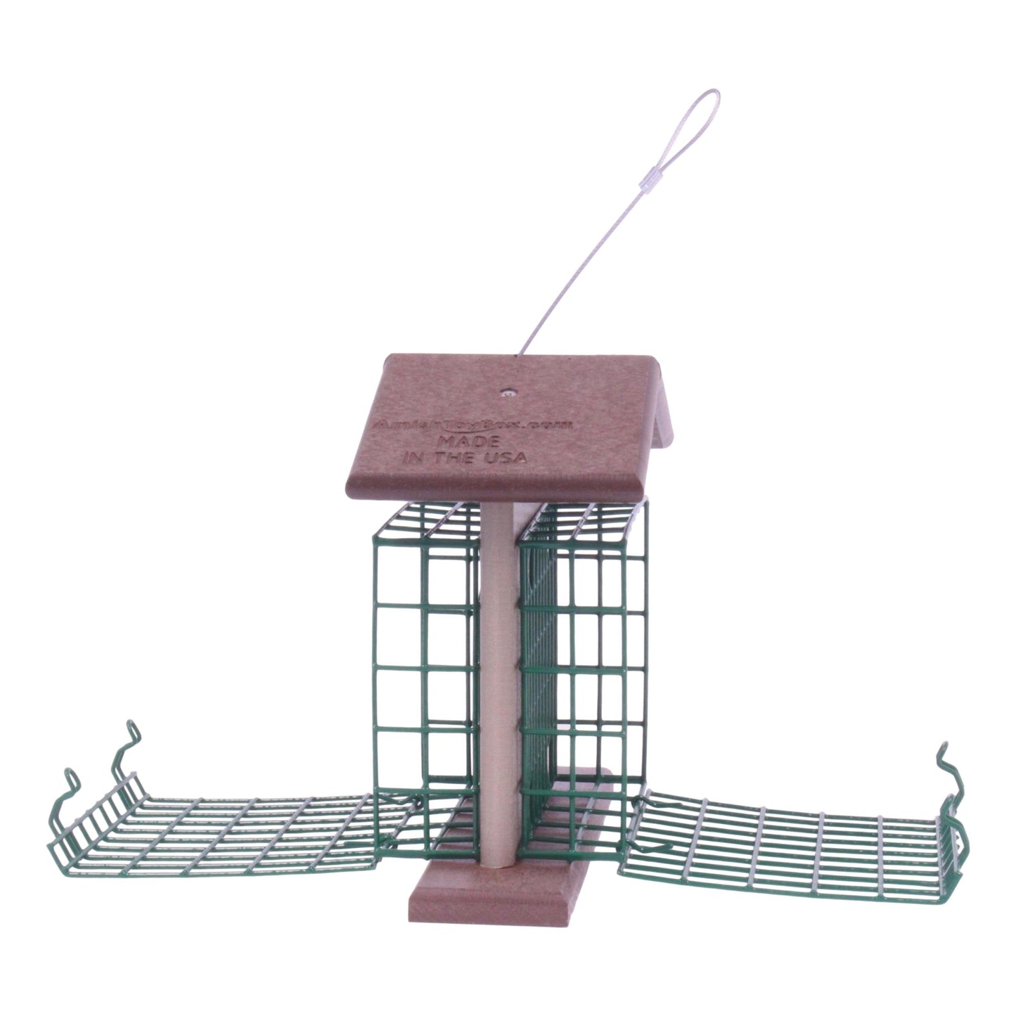 Amish-made double suet-cake bird feeder with poly lumber, designed for attracting woodpeckers and songbirds in outdoor gardens.