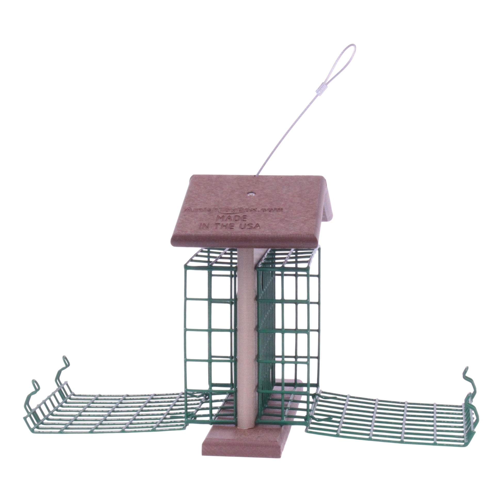 Amish-made double suet-cake bird feeder with poly lumber, designed for attracting woodpeckers and songbirds in outdoor gardens.