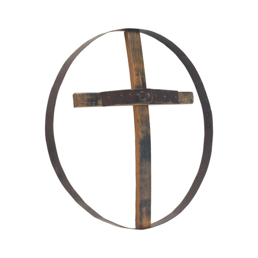 Large rustic reclaimed barrel cross wall art, 23-inch diameter Amish-made religious wall decor with weathered wood finish.