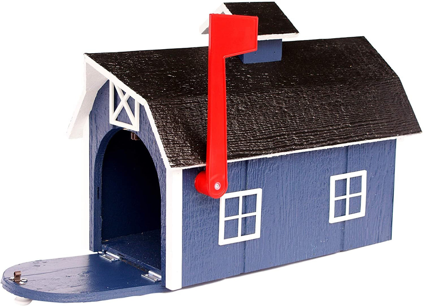 Amish-made wooden Dutch barn style mailbox mounted on post, traditional design for home and garden, AmishToyBox.com product image