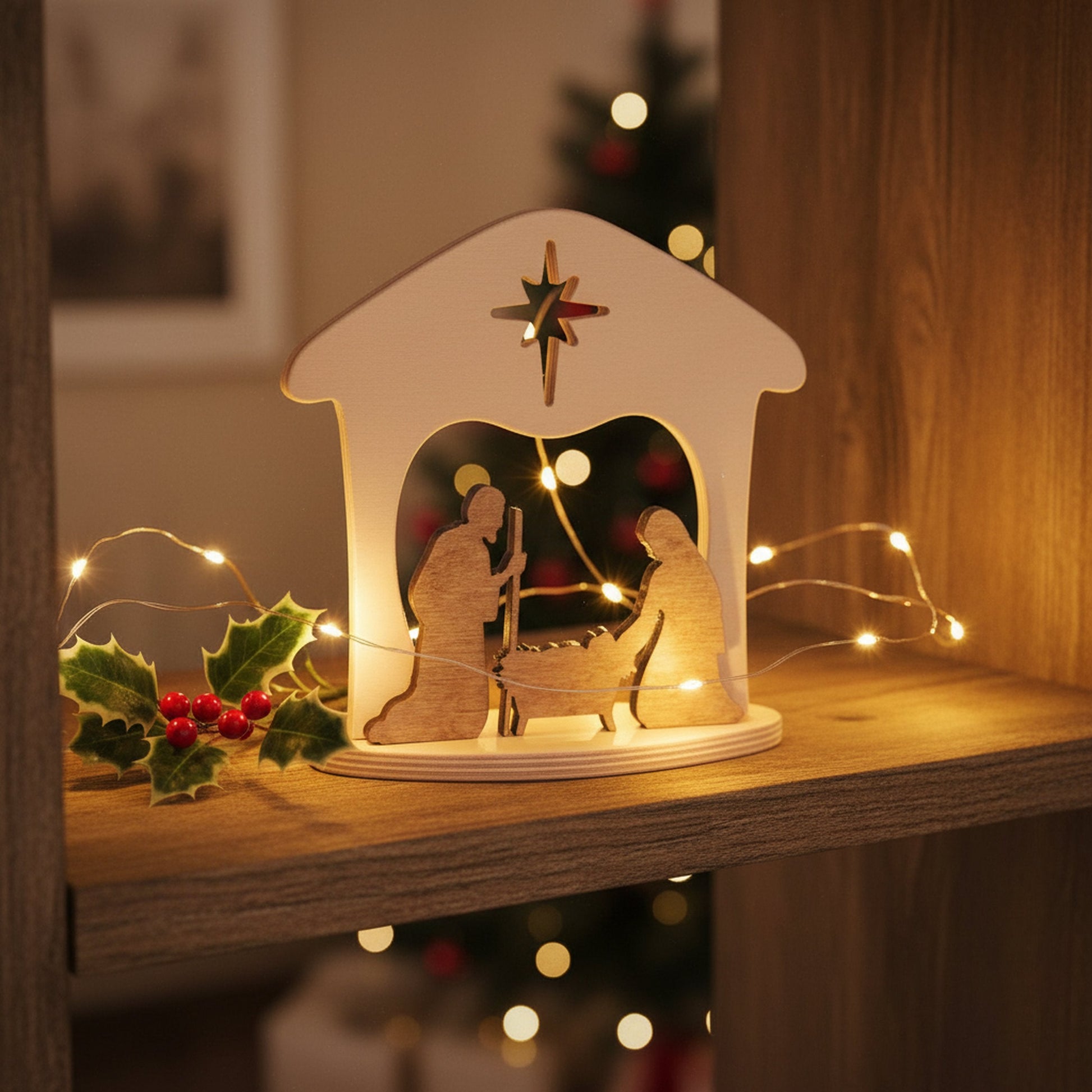 Wooden manger scene nativity set for Christmas, featuring figures of Mary, Joseph, and baby Jesus, ideal for mantel or shelf display.
