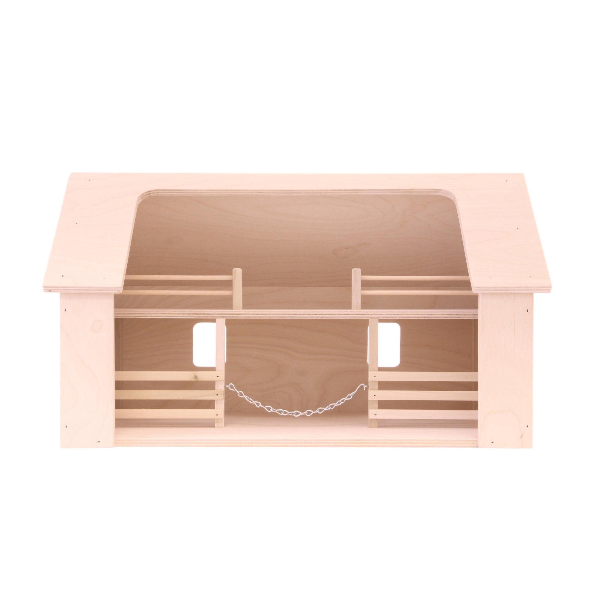 Unfinished wooden Amish-made ranch shed barn toy from Everything Farming by AmishToyBox.com, designed for imaginative play.