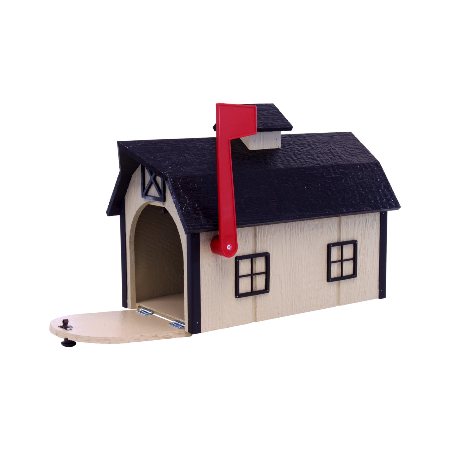 Amish-made wooden Dutch barn style mailbox on a post, suitable for home delivery, showcasing craftsmanship and traditional design.