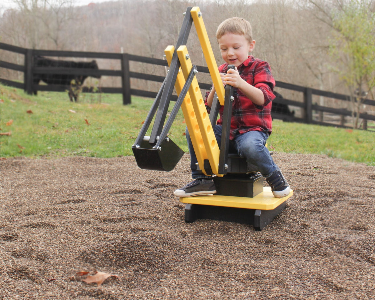 AmishToyBox.com sand digger excavator toy with movable levers and metal digging bucket, detailed plastic construction for kids.