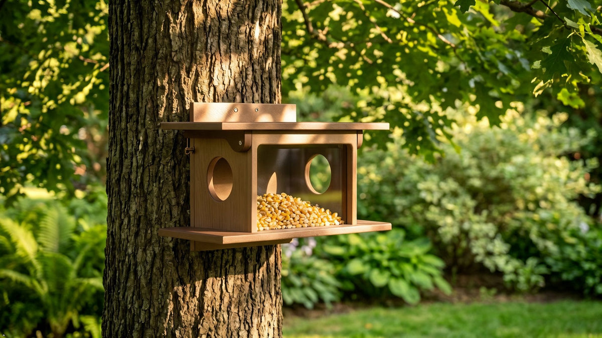Amish-made squirrel corn feeder mounted on a post, made of durable poly lumber, designed for wildlife feeding.