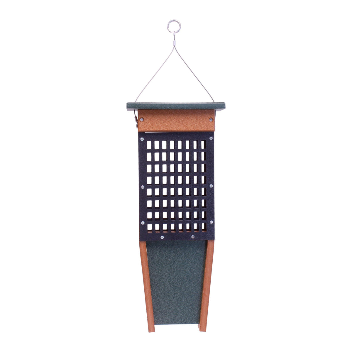Pileated Woodpecker bird feeder from AmishToyBox.com holding two suet cakes, made of durable wood with a natural finish.