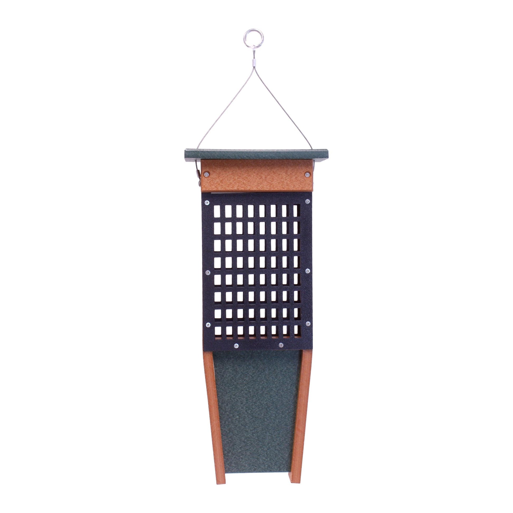 Pileated Woodpecker bird feeder from AmishToyBox.com holding two suet cakes, made of durable wood with a natural finish.