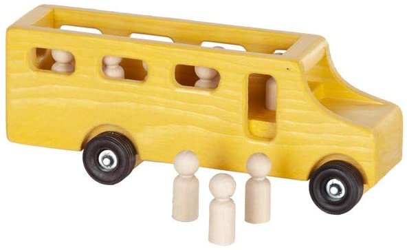 Amish-made wooden school bus toy with child-safe finish, part of AmishToyBox.com's collection of wooden trains and trucks.