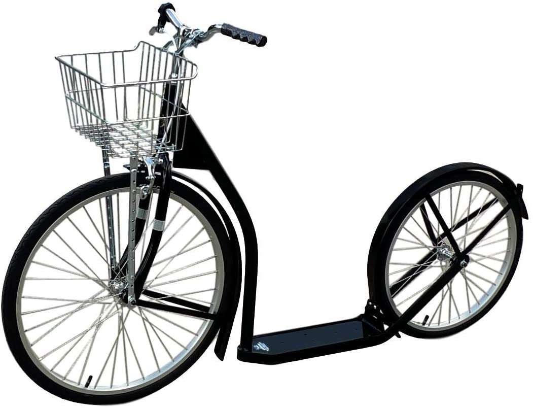 Amish-made deluxe kick scooter with 24-inch front wheel and 20-inch rear wheel, adult-size, sturdy design for outdoor riding.