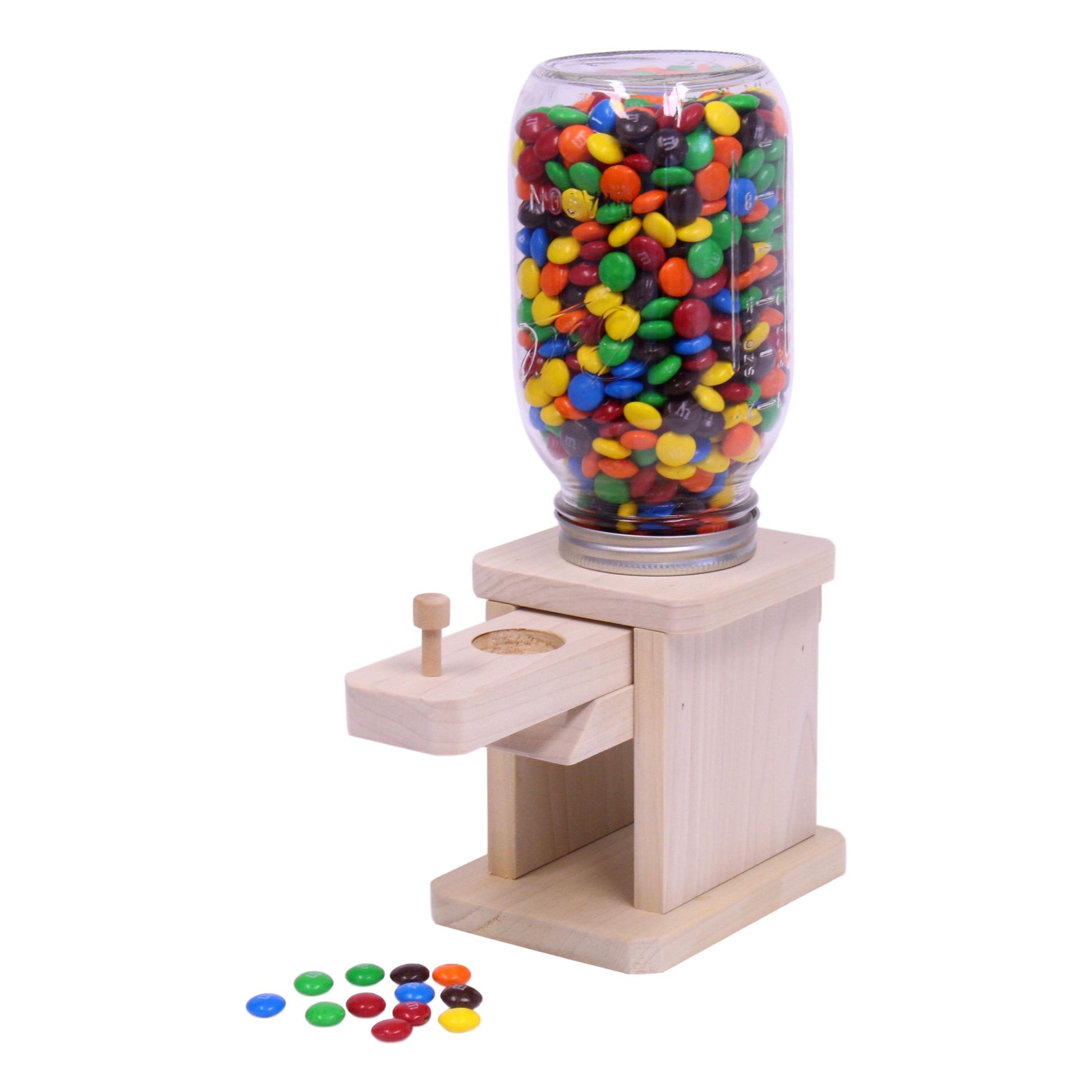 Toy jar candy dispenser by AmishToyBox.com, perfect for M&M's, peanuts, or jelly beans, featuring a playful, colorful design.