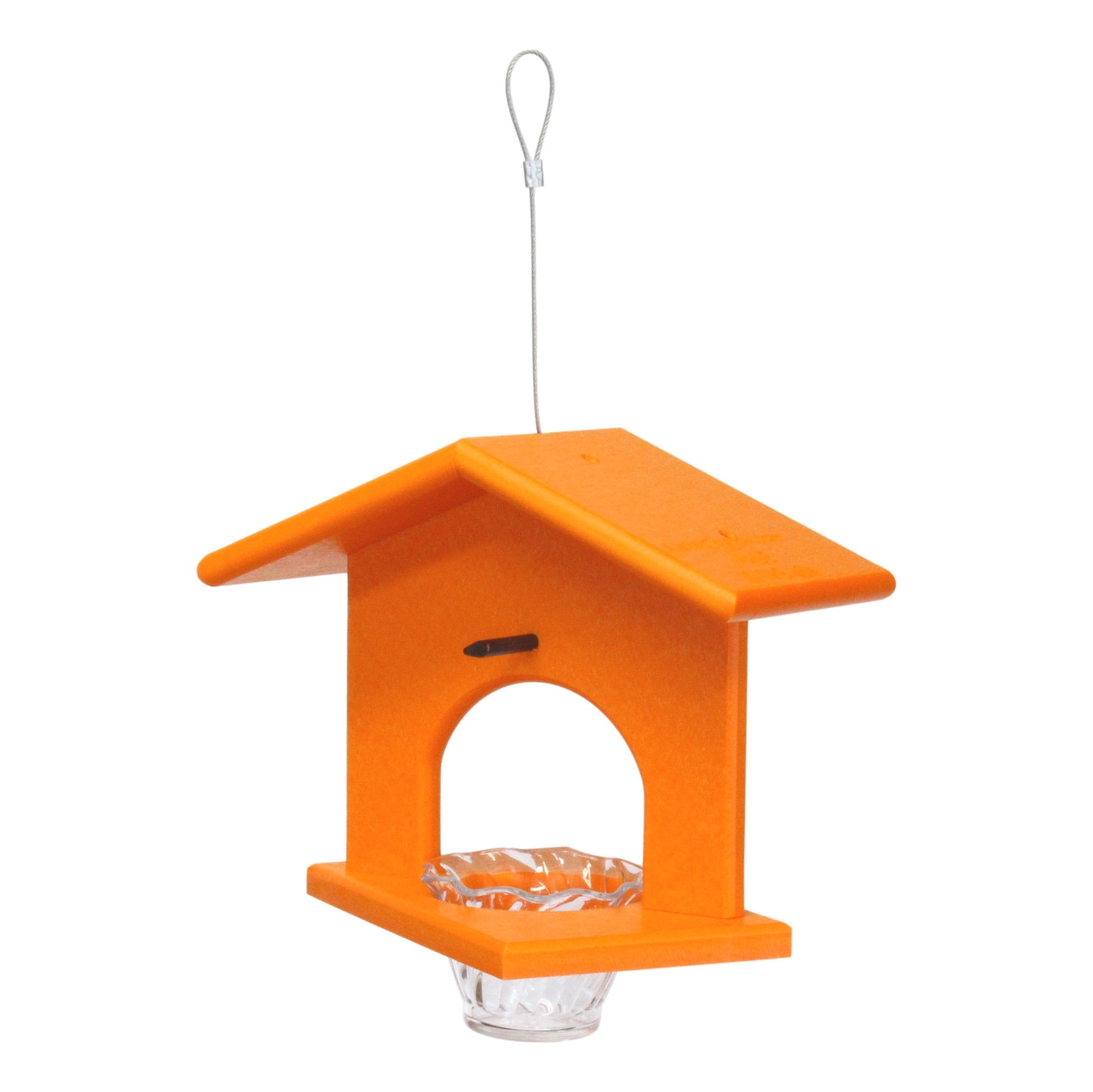 Eco-friendly AmishToyBox.com hanging oriole bird feeder with orange and jelly compartments, made from durable poly lumber.