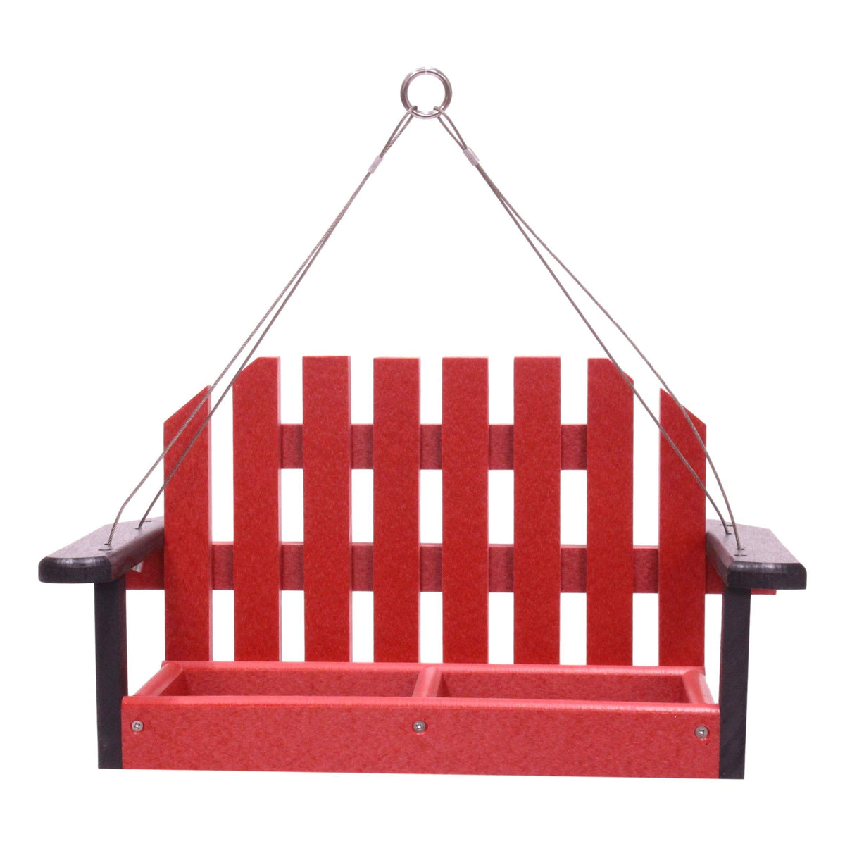 Amish-made porch swing bird feeder crafted from eco-friendly poly lumber, hanging decorative bird feeder for garden or porch.