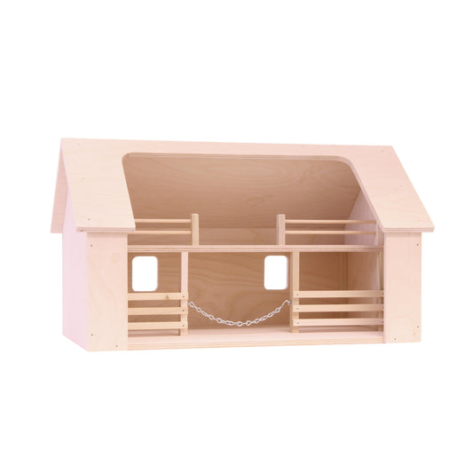 Unfinished wooden Amish-made Ranch Shed Barn toy from Everything Farming by AmishToyBox.com, featuring detailed farm barn design.