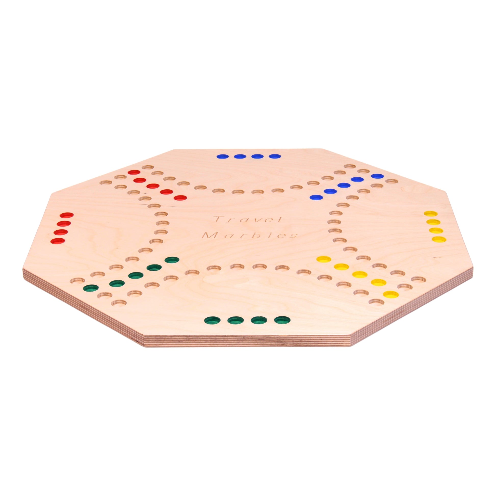 Travel marble chase board game set with a 23-inch double-sided marble run board, featuring colorful marbles and game pieces.