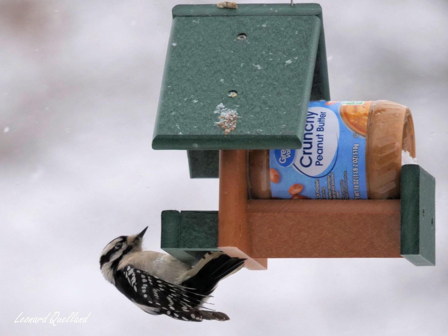 Amish-made peanut butter bird feeder designed for 18 oz. jars, featuring a rustic wooden structure suitable for backyard bird watching.