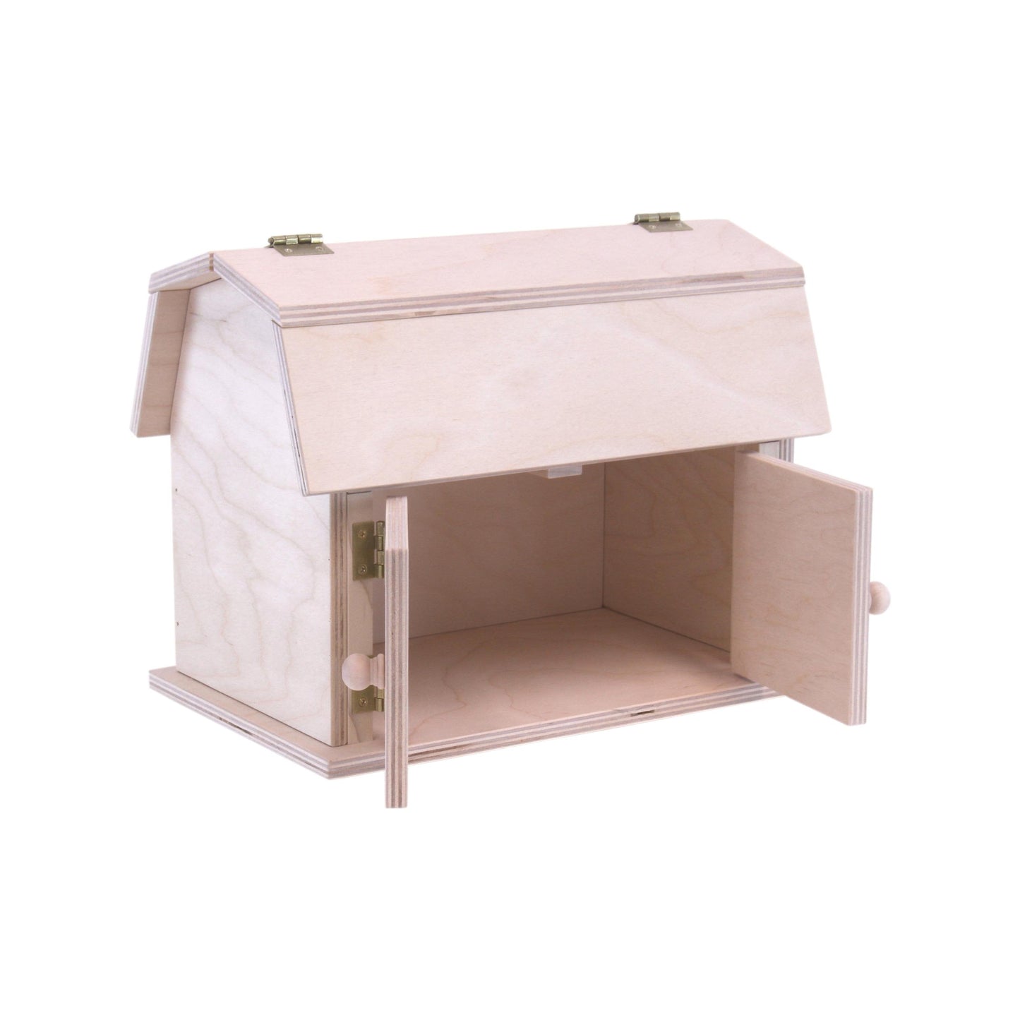 Amish-made mini wooden barn toy with a hip roof design, featuring detailed wood grain and classic craftsmanship.