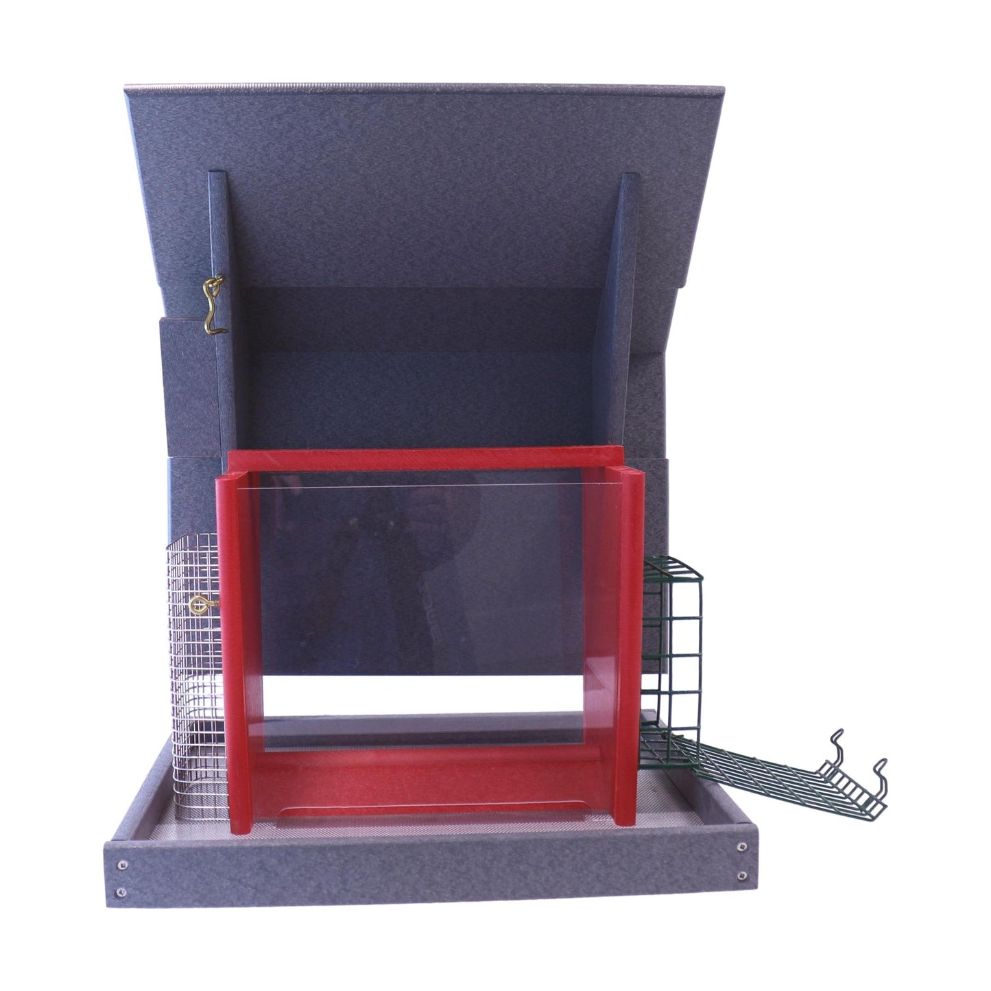 Eco-friendly poly lumber classic bird feeder with suet and peanut holders, post-mount design for outdoor lawn and patio use.