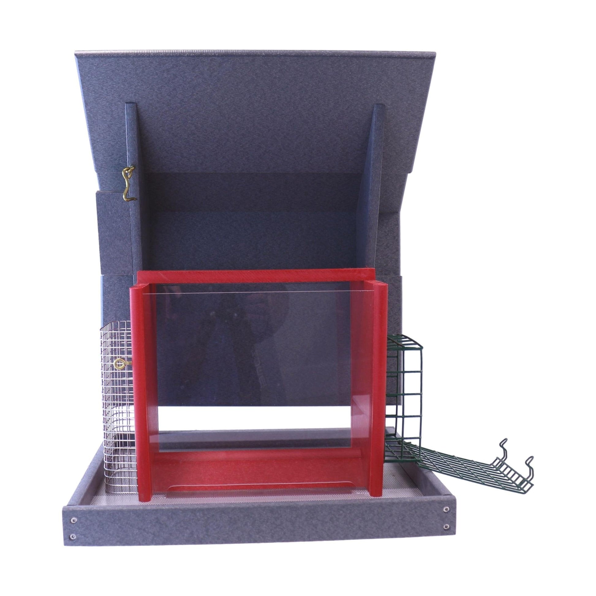 Eco-friendly poly lumber classic bird feeder with suet and peanut holders, post-mount design for outdoor lawn and patio use.