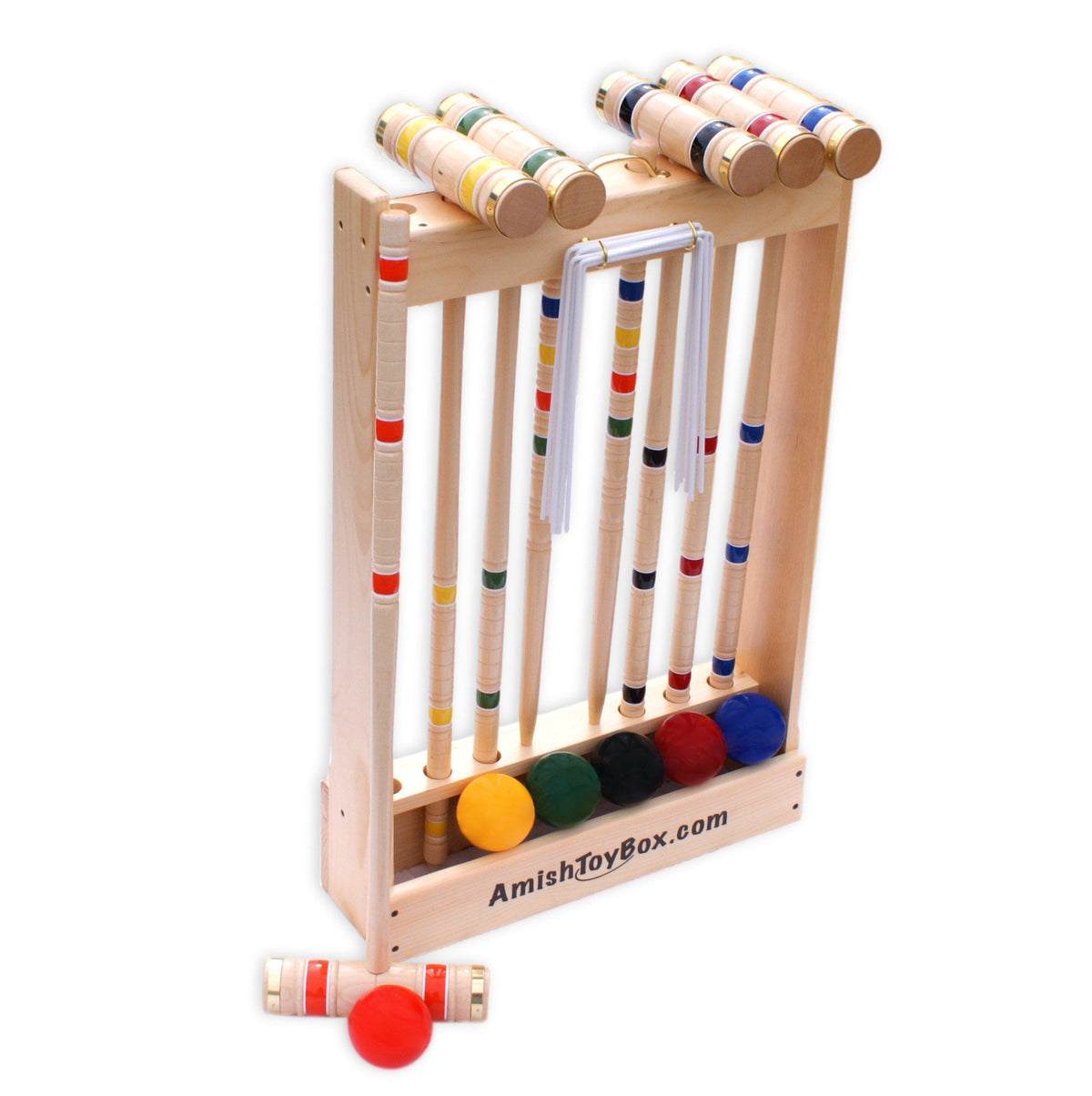 Amish-made Deluxe Croquet Game Set for 6 players with wooden holder, wooden toys, games, and puzzles.