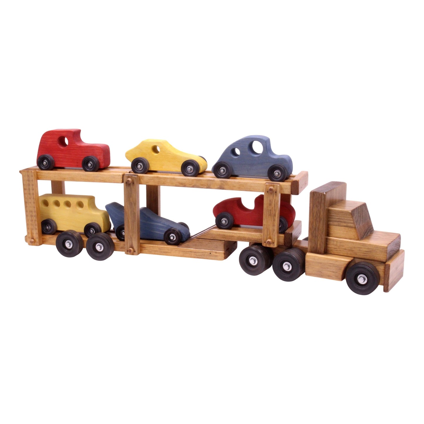 Wooden car-carrier semi truck and trailer toy set with six colorful wooden cars, perfect for children's wooden toy collection.