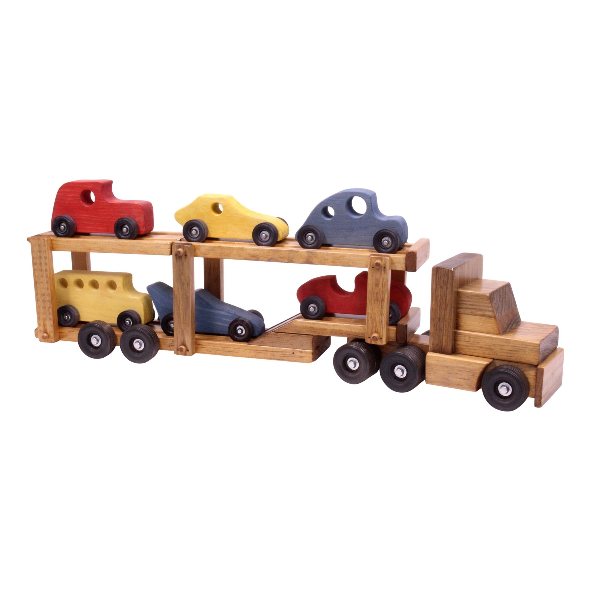 Wooden car-carrier semi truck and trailer toy set with six colorful wooden cars, perfect for children's wooden toy collection.