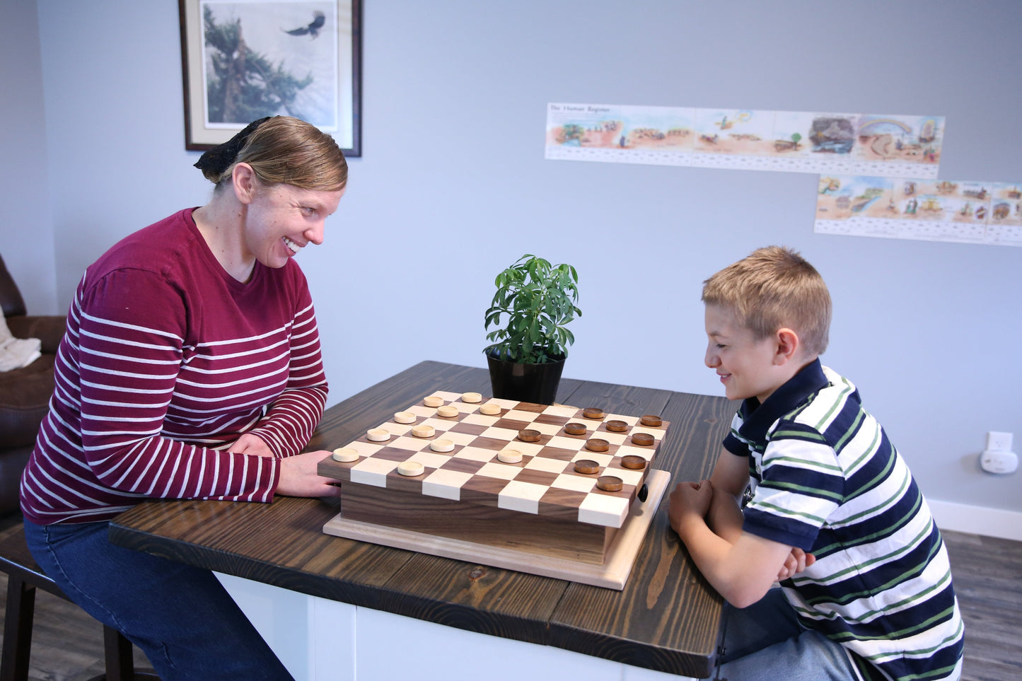 Wooden Deluxe Chess and Checkers Game Board with pullout drawer, AmishToyBox.com wooden toy set for family fun and strategic play.