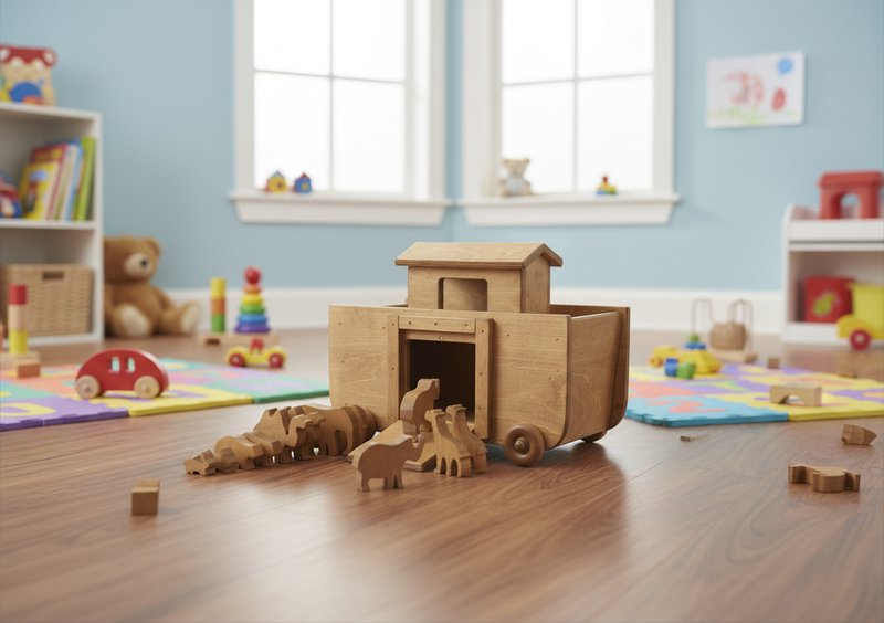 Amish-made wooden Noah's Ark toy with 14 colorful wooden animals, suitable for children, part of AmishToyBox.com's toy collection.