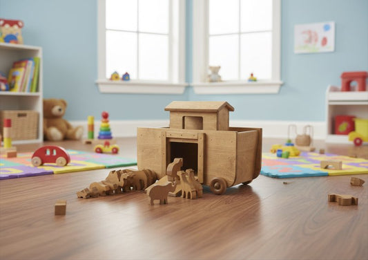 Amish-made wooden Noah's Ark toy with 14 colorful wooden animals, suitable for children, part of AmishToyBox.com's toy collection.
