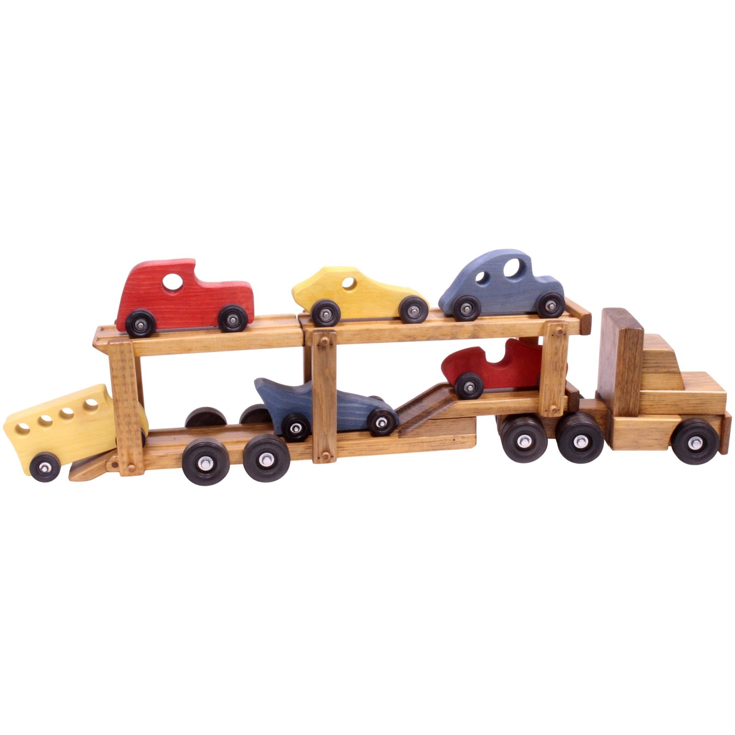 Wooden car-carrier semi truck and trailer toy set with six colorful wooden cars, suitable for children’s play and imaginative fun.