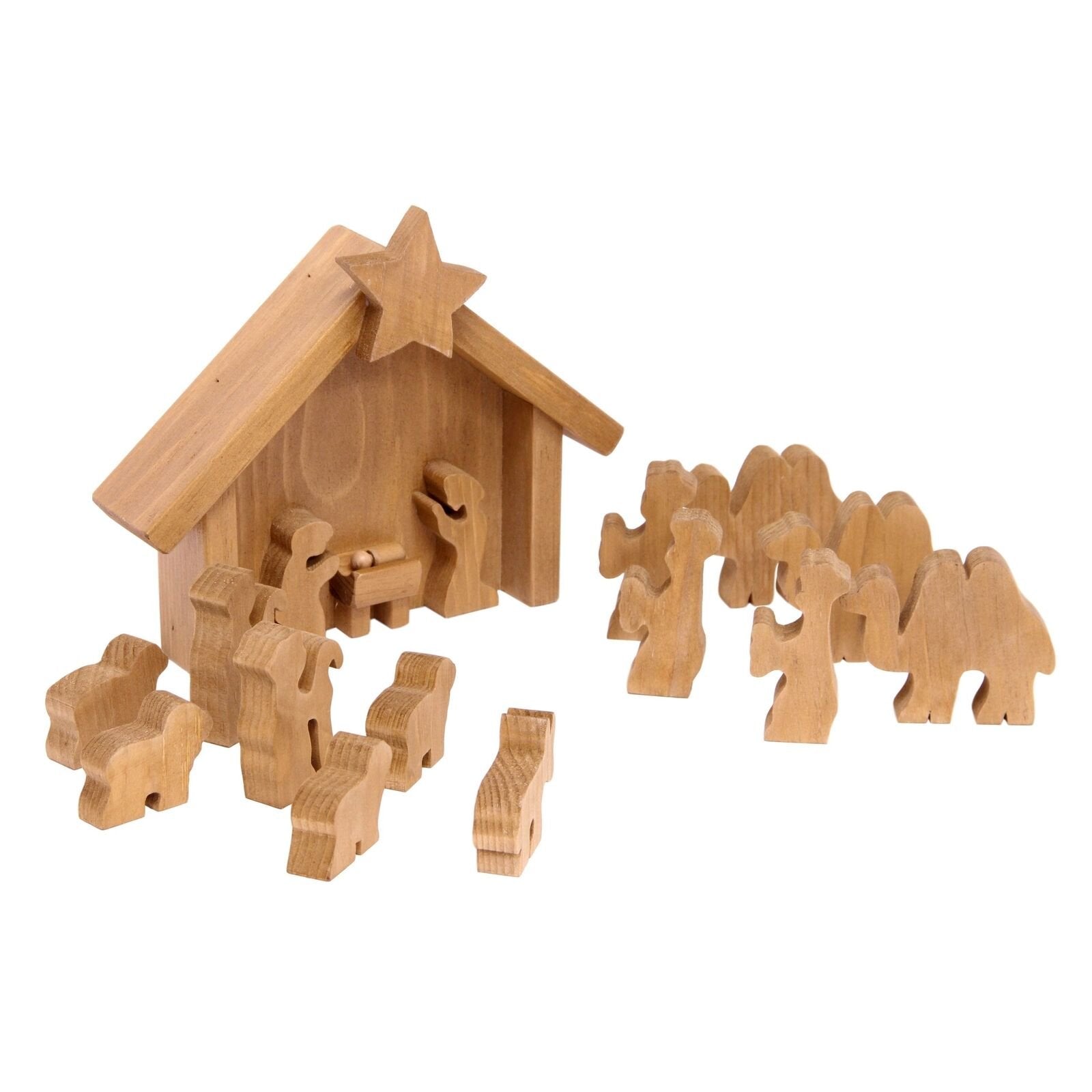 Wooden nativity manger scene set with 14 pieces from AmishToyBox.com, featuring figures of Mary, Joseph, baby Jesus, and animals.