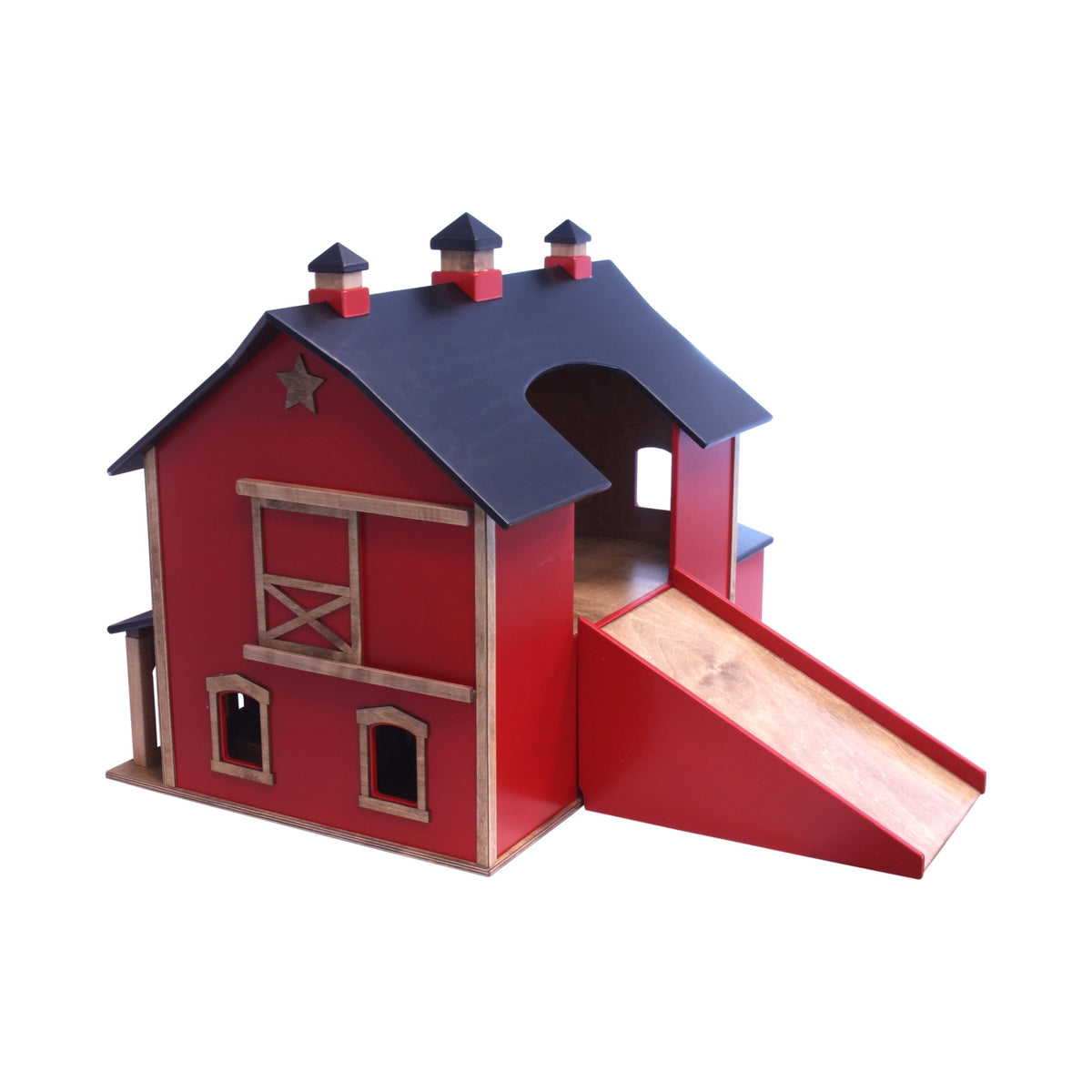 Hand-crafted large Pennsylvania Bank Barn toy by AmishToyBox.com, detailed wooden toy barn with traditional Lancaster County design.