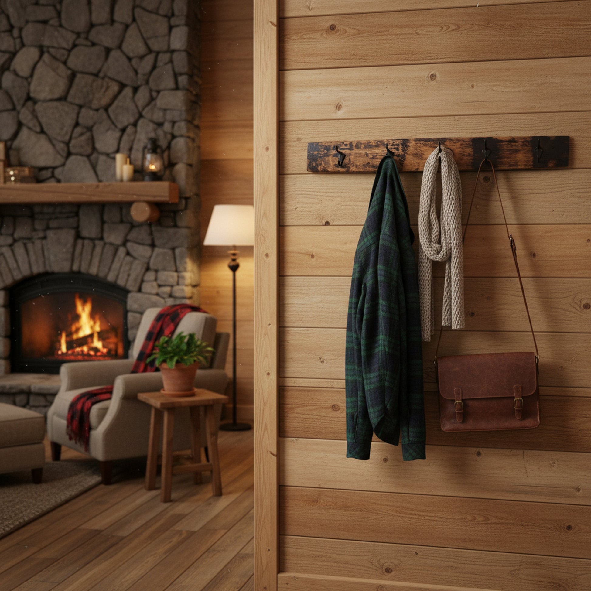 Rustic wooden coat rack with four metal hooks made from reclaimed whiskey barrel staves, handcrafted by AmishToyBox.com