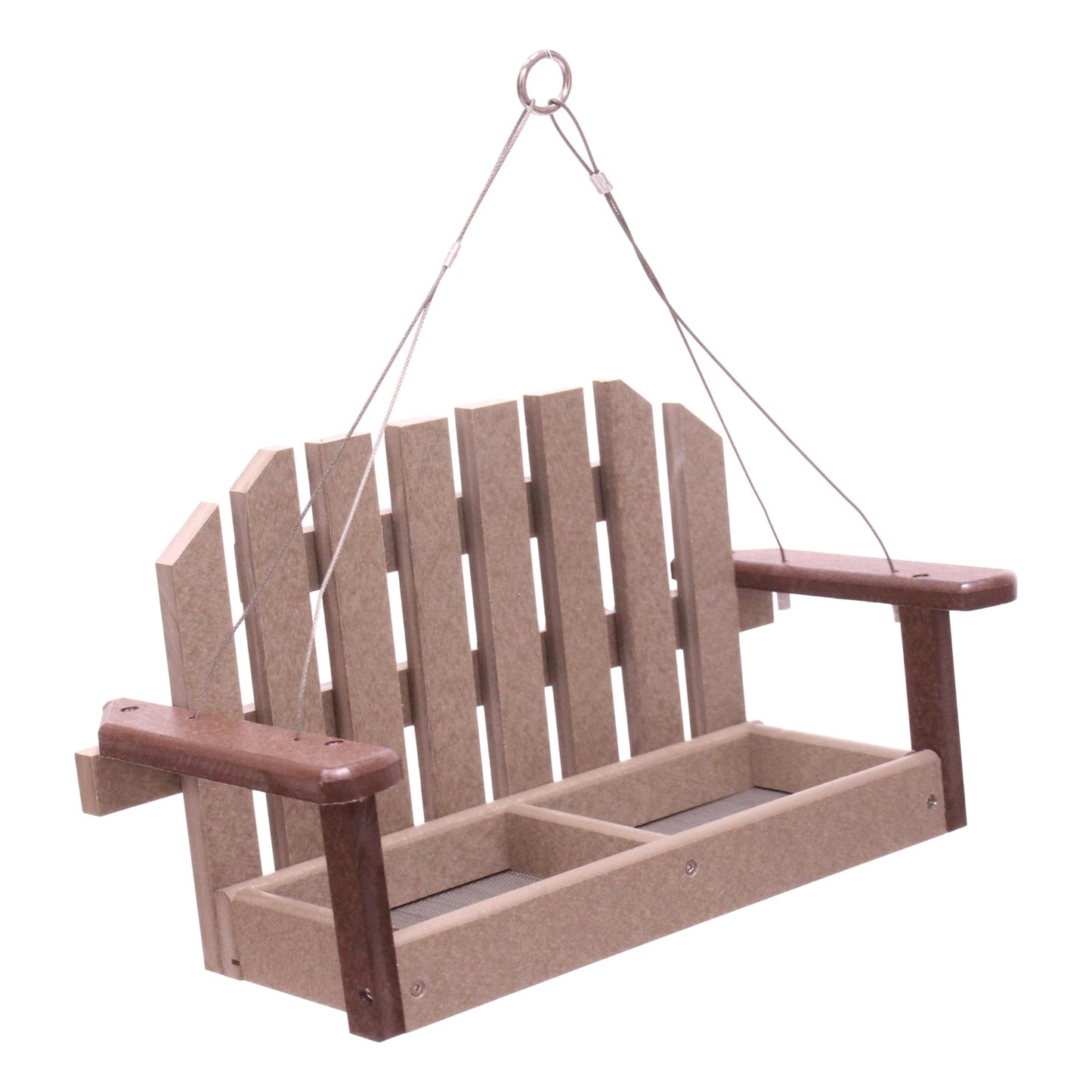 Amish-made eco-friendly poly lumber porch swing bird feeder hanging on a hook, designed for outdoor bird feeding and decoration