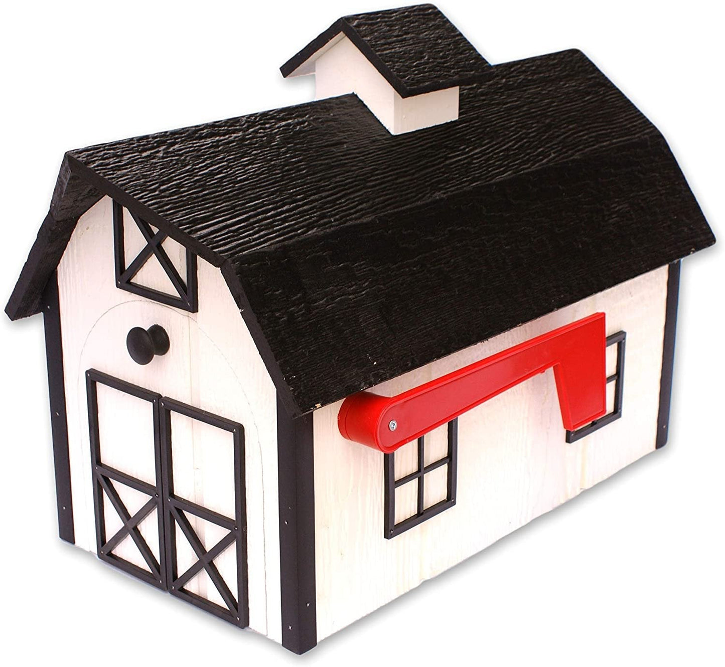 Amish-made wooden Dutch barn style mailbox mounted on a post, crafted from durable wood for home improvement and curb appeal.