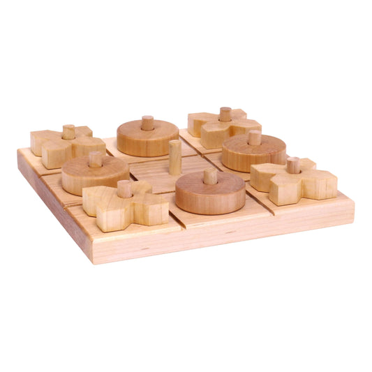 Amish-made wooden Tic Tac Toe game with 8 X and O wooden pieces on a smooth wooden board, perfect for family fun.