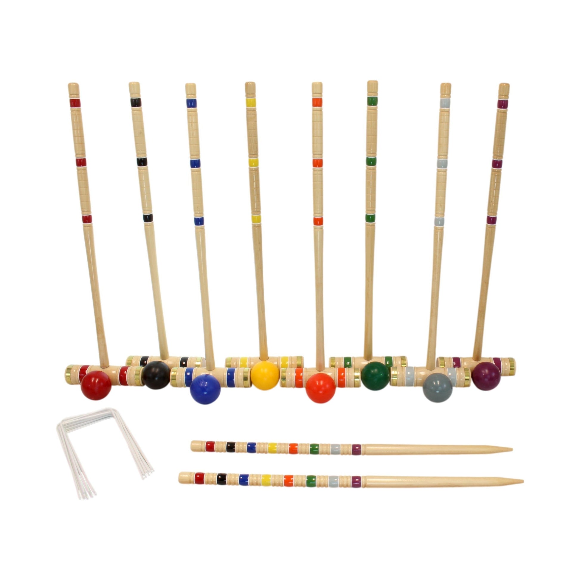 Deluxe 8-player wooden croquet game set with mallets, balls, wickets, and carrying bag shown outdoors on grass.