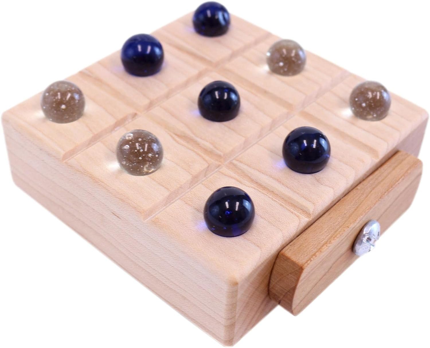 Wooden Tic Tac Toe game with marble storage, featuring natural wood finish and colorful marbles for classic family fun.
