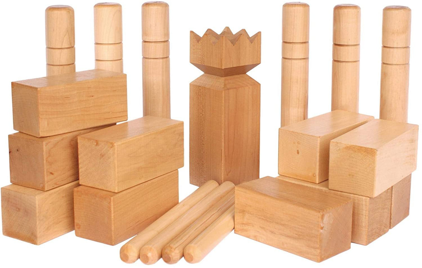 Amish-made deluxe maple hardwood Kubb game with clear protective finish, regulation size for outdoor play.