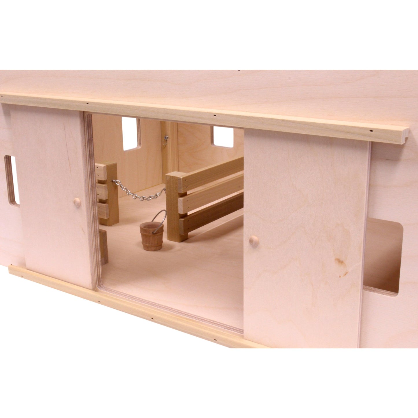 Unfinished large wooden Amish-made hip-roof barn toy from AmishToyBox.com, detailed wooden farm toy for children.