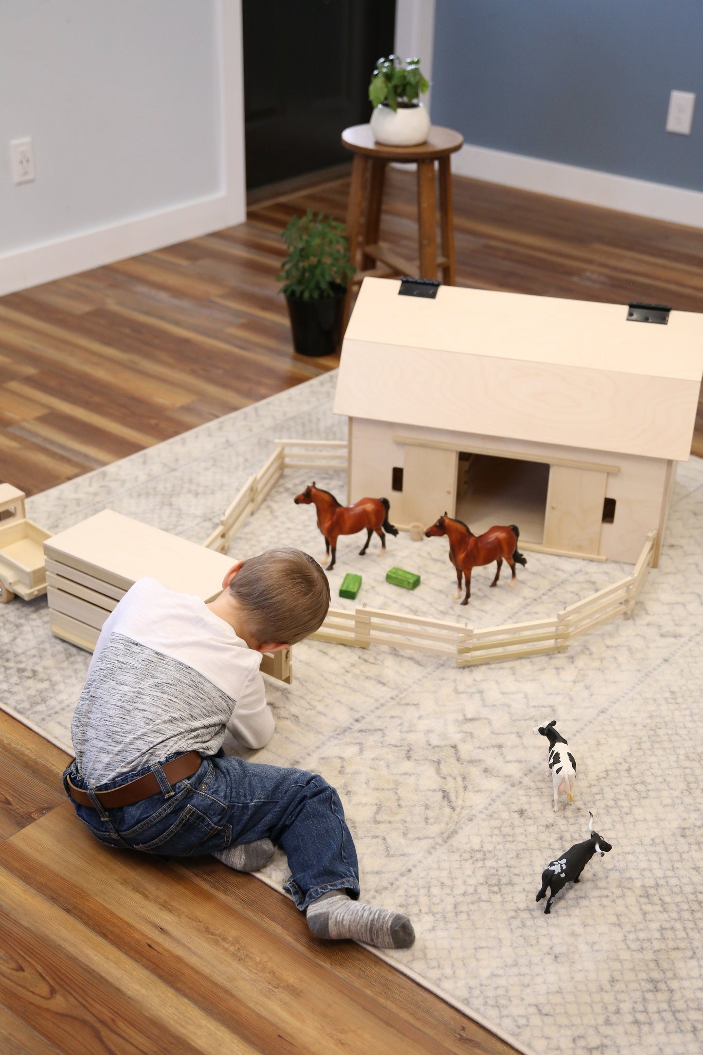 Amish-made large unfinished wooden barn toy with hip roof, ideal for farming play, from AmishToyBox.com.