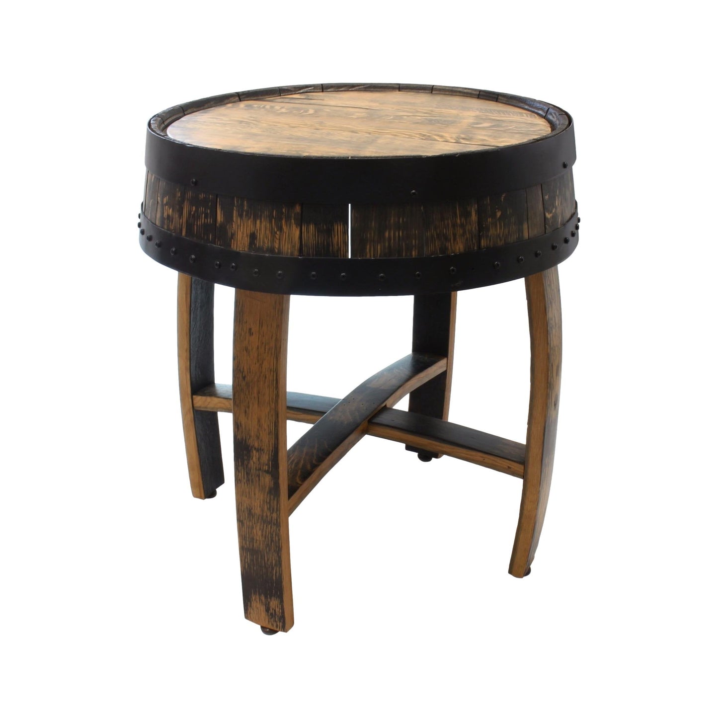 Amish-made rustic whiskey barrel end table with barrel rings, reclaimed wood, and a natural wooden finish.