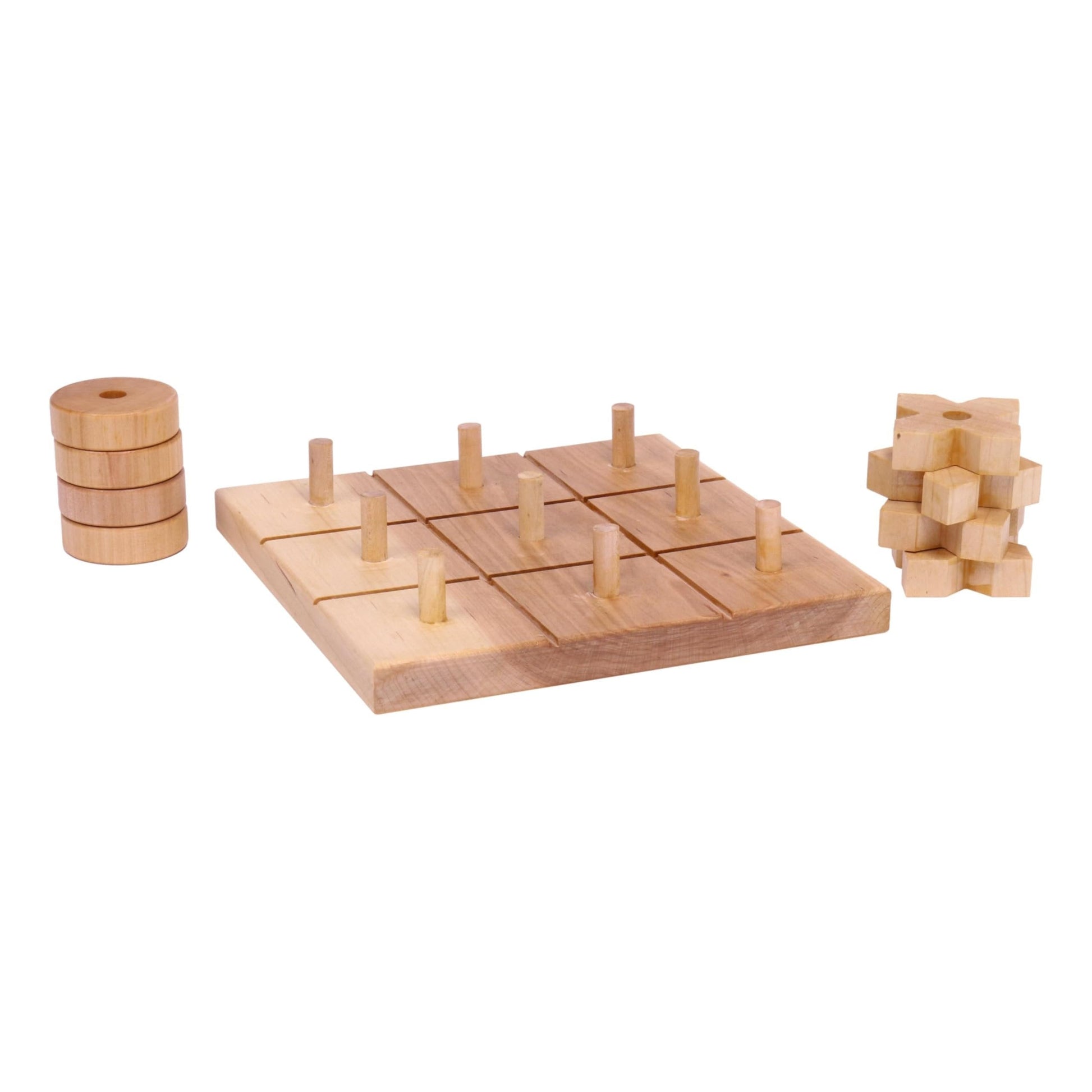 Amish-made wooden Tic Tac Toe game with 8 wooden X and O pieces on a wooden game board, ideal for family fun and classic play.