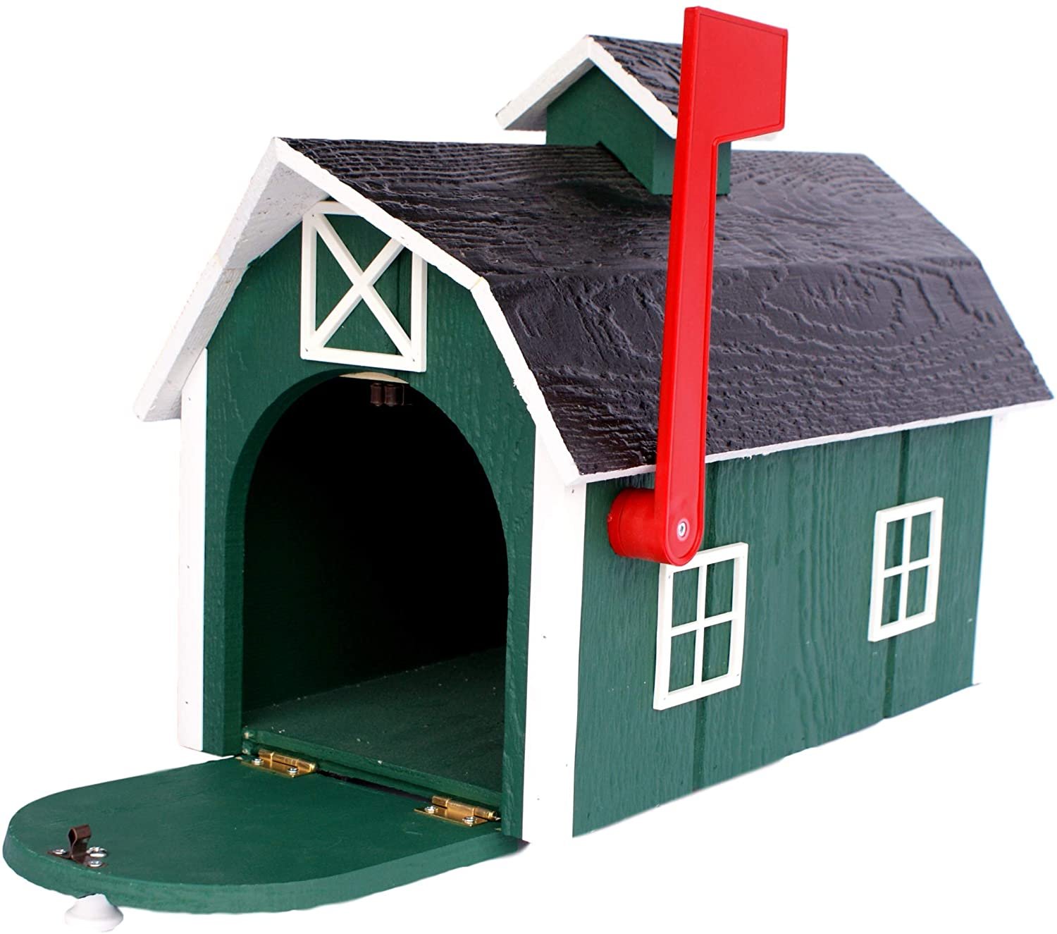Amish-made wooden Dutch barn style mailbox mounted on a post, handcrafted outdoor mail receptacle from AmishToyBox.com