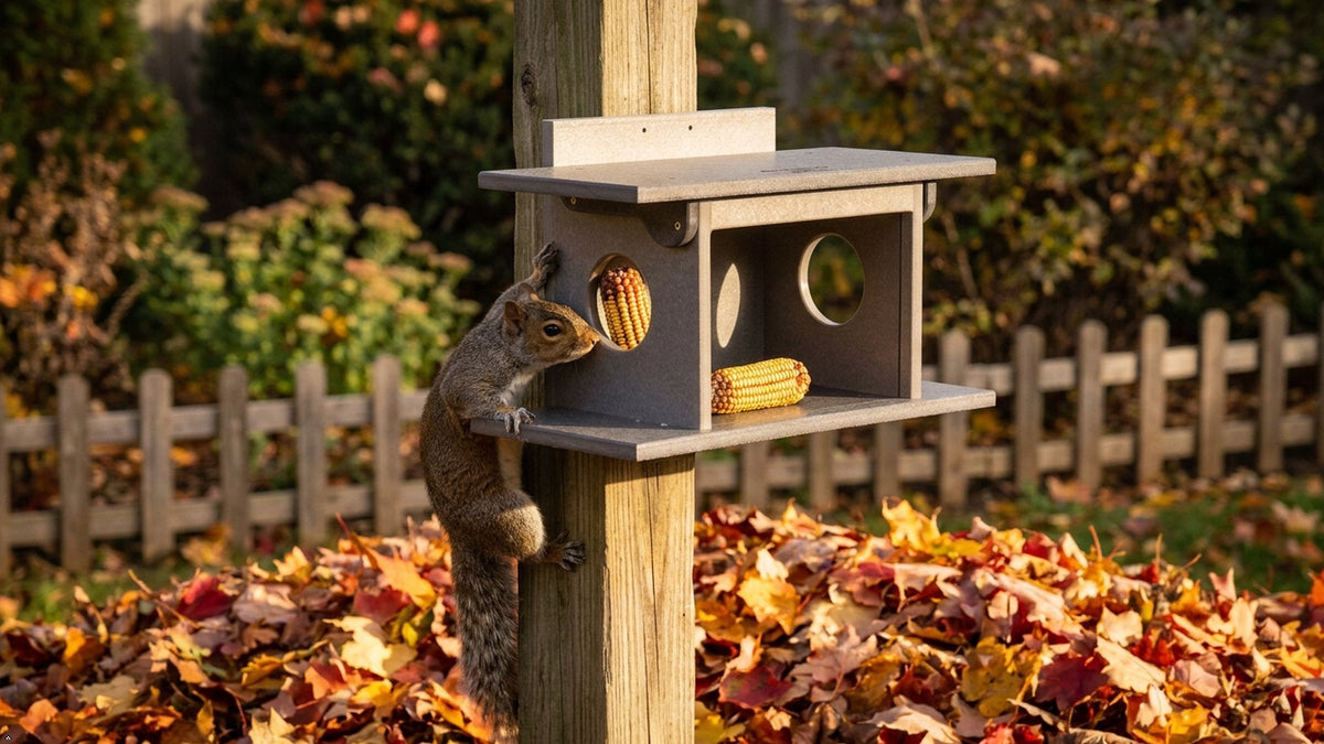 Amish-made squirrel corn feeder by AmishToyBox.com, post-mount wildlife feeder with poly lumber construction for outdoor use.