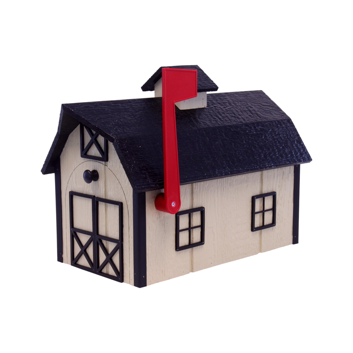 Amish-made wooden Dutch barn style mailbox mounted on a post, crafted with natural wood for home improvement and curb appeal.