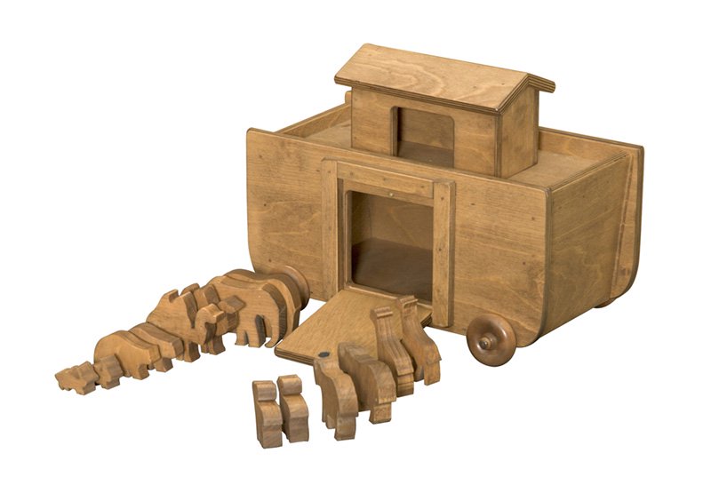 Amish-made wooden Noah's Ark toy with 14 colorful toy animals, perfect for imaginative play and wooden toy collections.