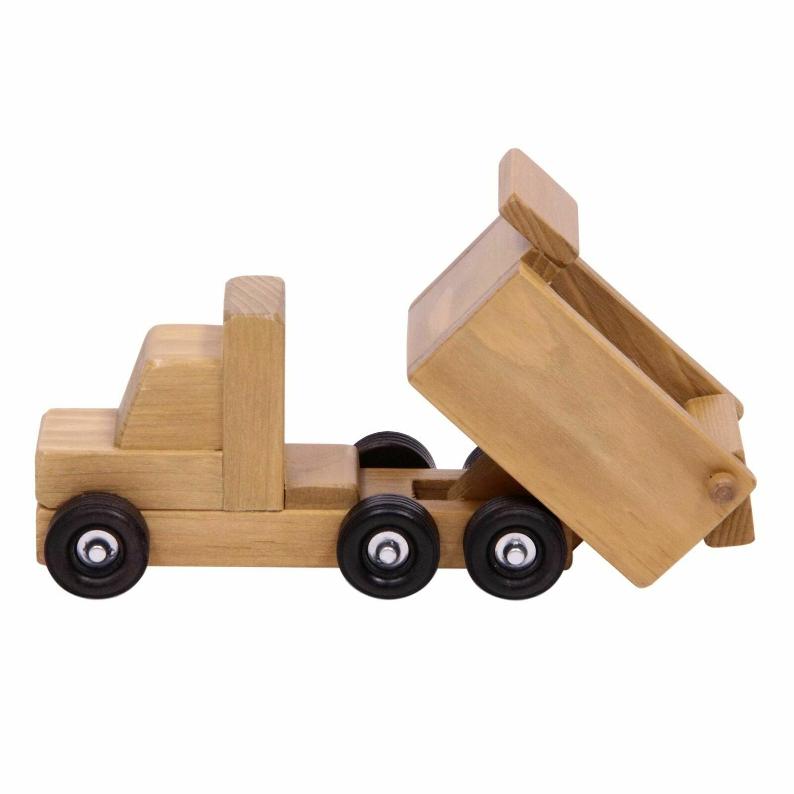 Amish-made wooden toy dump truck with kid-safe finish, part of AmishToyBox.com wooden trucks and trains collection.