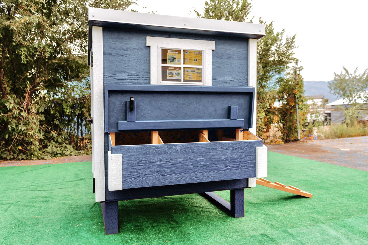 Blue medium-sized OverEZ Chicken Coop designed for up to 10 chickens, featuring a spacious outdoor enclosure and sturdy construction.
