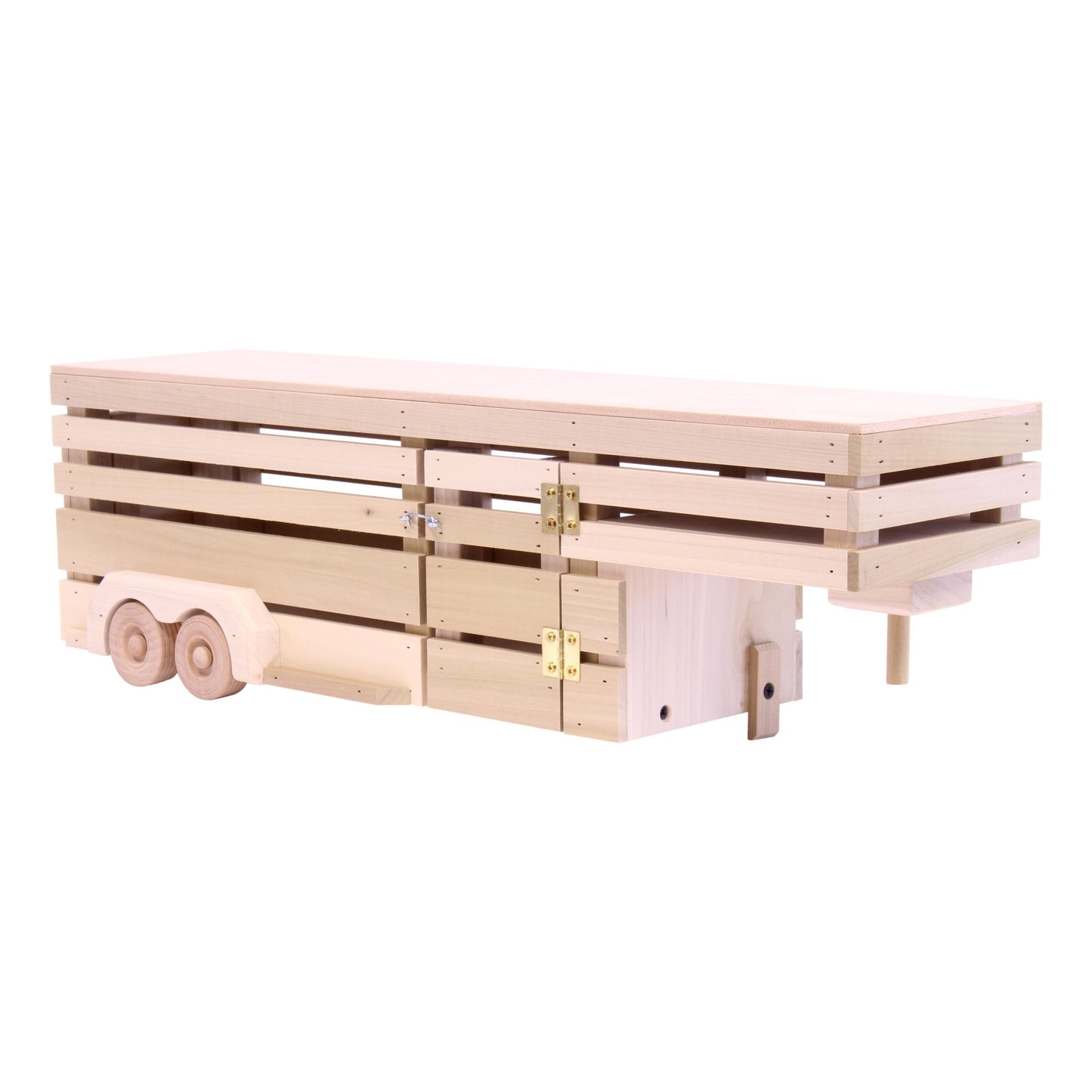 Amish-made wooden gooseneck livestock trailer toy, handcrafted wooden toy for children, detailed and durable livestock trailer model