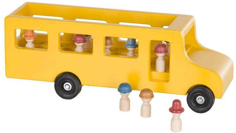 Amish-made wooden school bus toy with child-safe finish, part of AmishToyBox.com wooden trains and trucks collection.